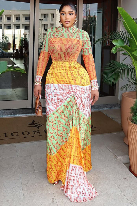 Y2K Graffiti Logo Mesh Maxi-Length Dress