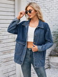 Washed Denim Jacket with Button Closure and Pockets in Blue