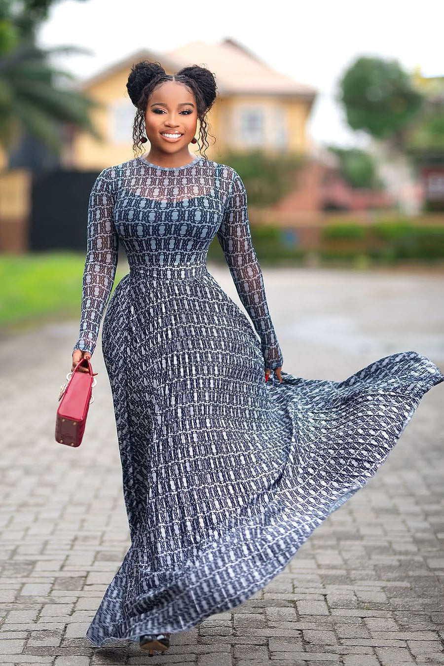 Gradient Chain-Pattern Sheer Mesh Fitted Maxi-Length Dress