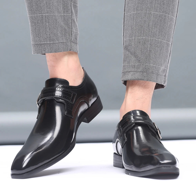 Burnished Leather Monk Strap Shoes with Buckle Strap