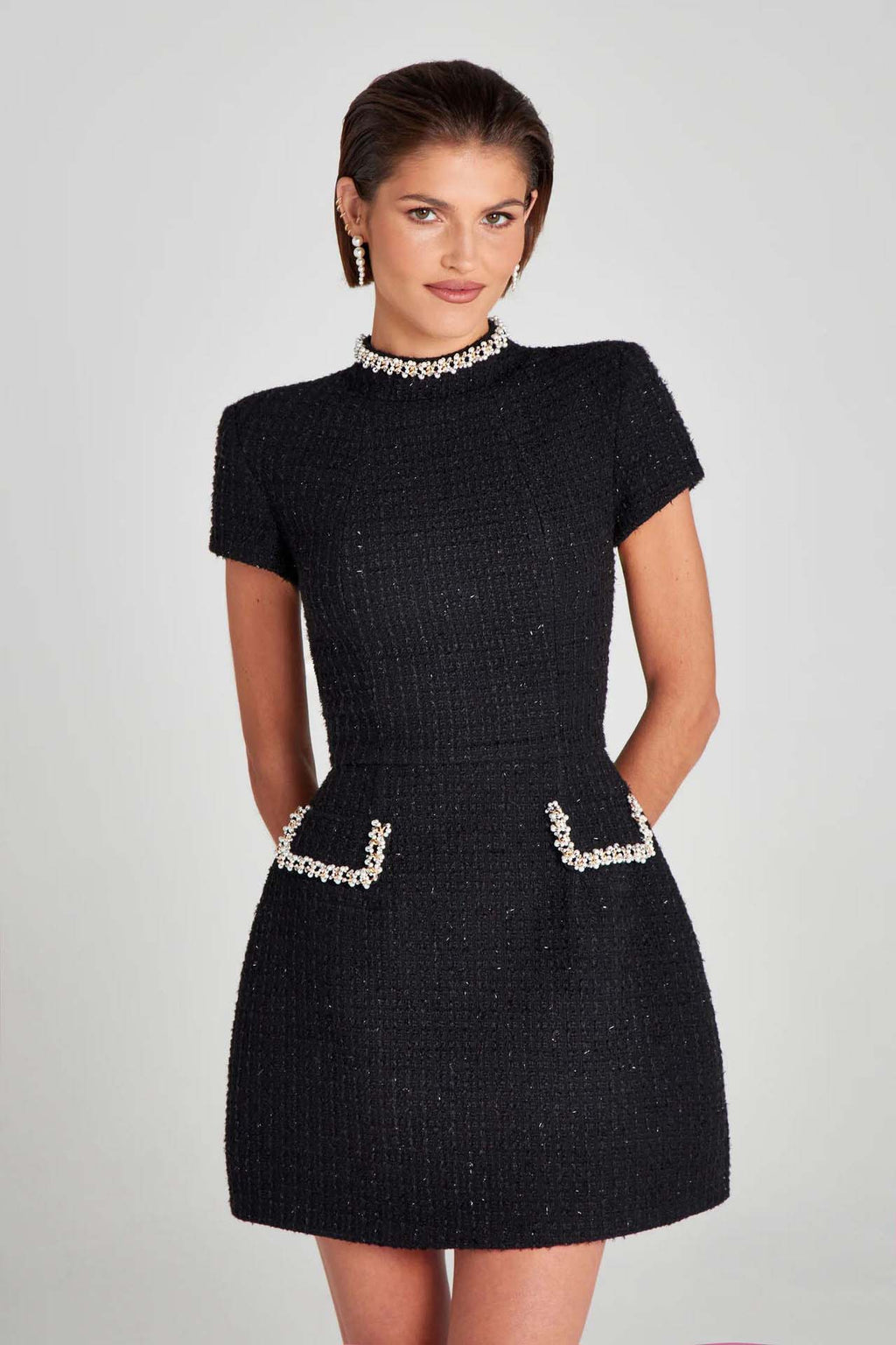 Pearl Trim Pocket Mini-Length Dress
