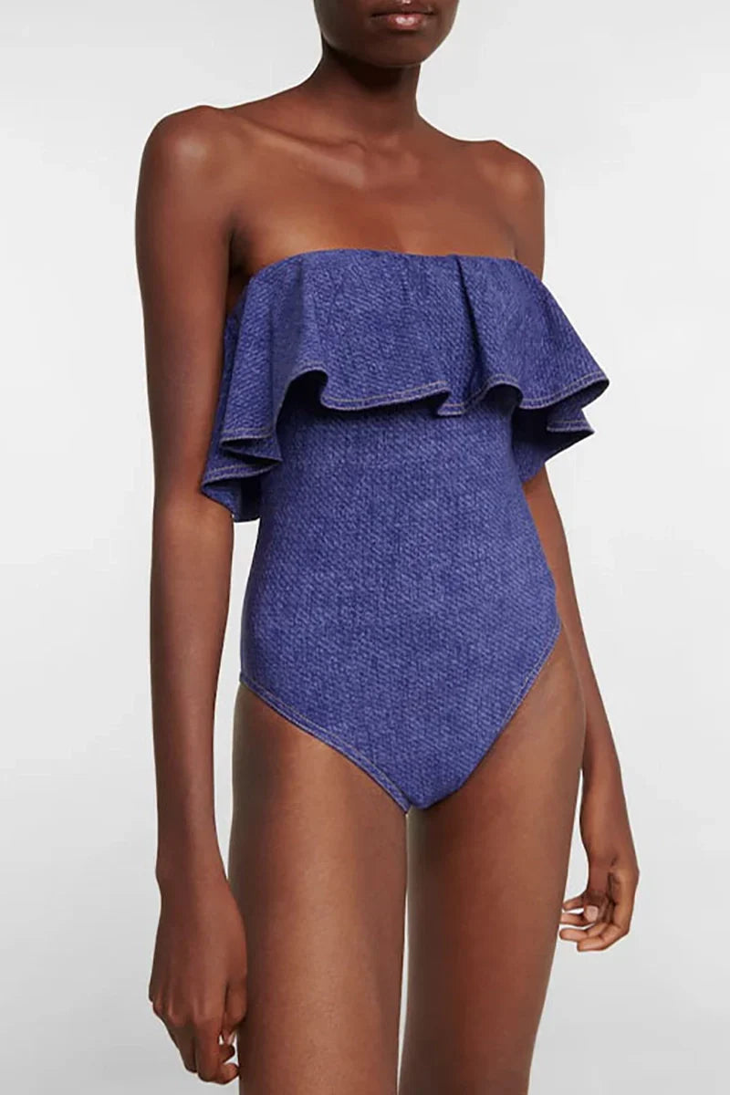 Denim Bandeau One Piece Swimwear Set