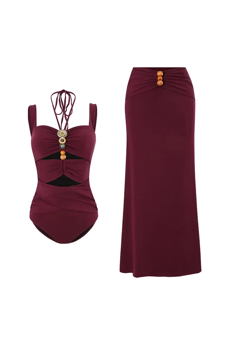Burgundy Boho Beaded Cut-Out Swimwear Set