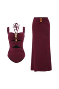 Burgundy Boho Beaded Cut-Out Swimwear Set