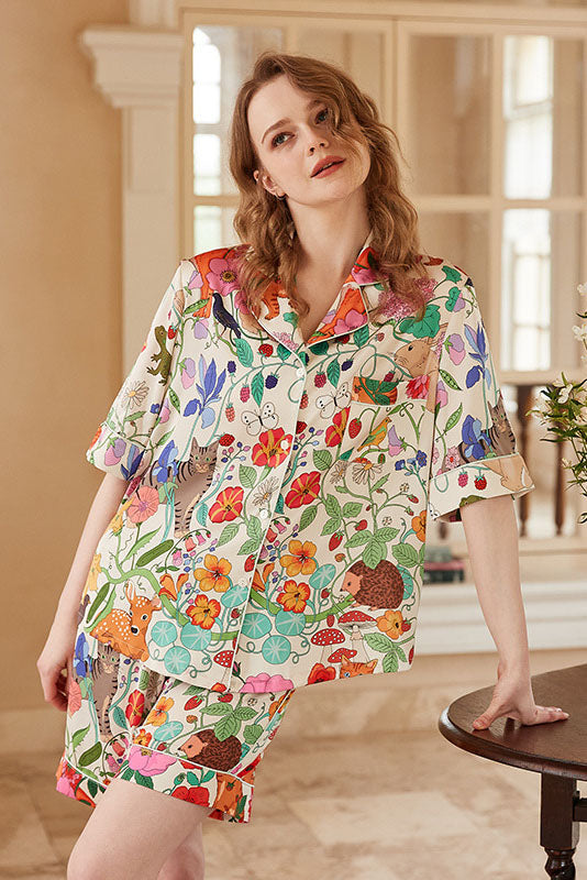 Coordinated White Forest Garden Print Ice Silk Short Loungewear Set