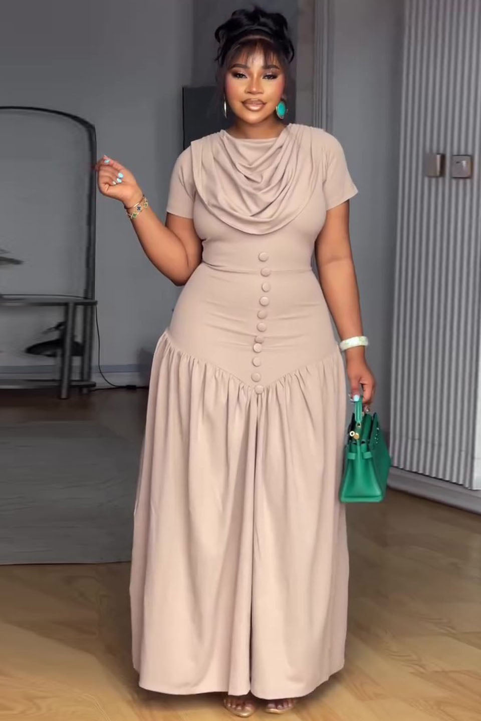 Cowl Neck Button Placket Nude Maxi-Length Dress