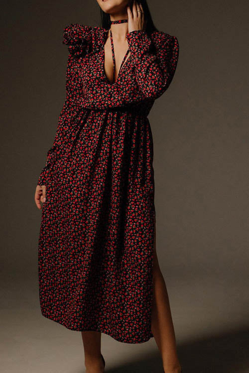 Bertha Flower V-Neck Midi-Length Dress