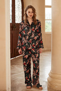 Jaguar and Flower Print Ice Silk Long-Sleeve Loungewear Set