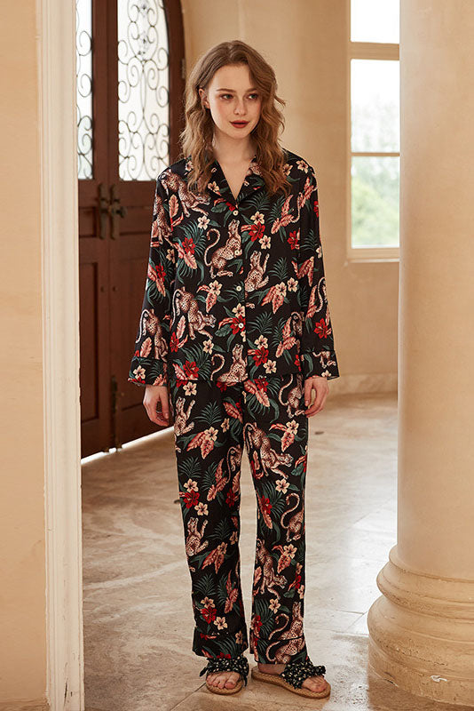 Jaguar and Flower Print Ice Silk Long-Sleeve Loungewear Set