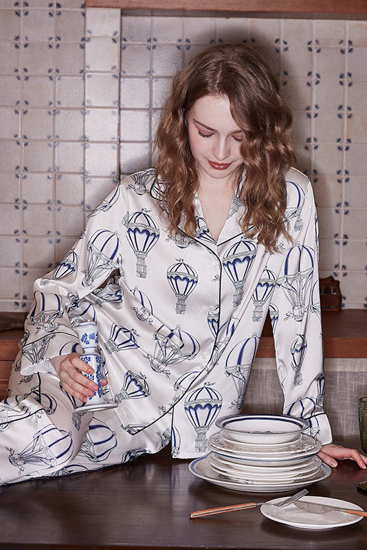 Coordinated Hot Air Balloon Print Pajama Set - White
