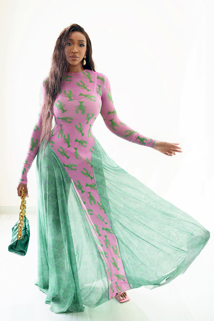 Fun Lobster Print Flowy Maxi-Length Dress
