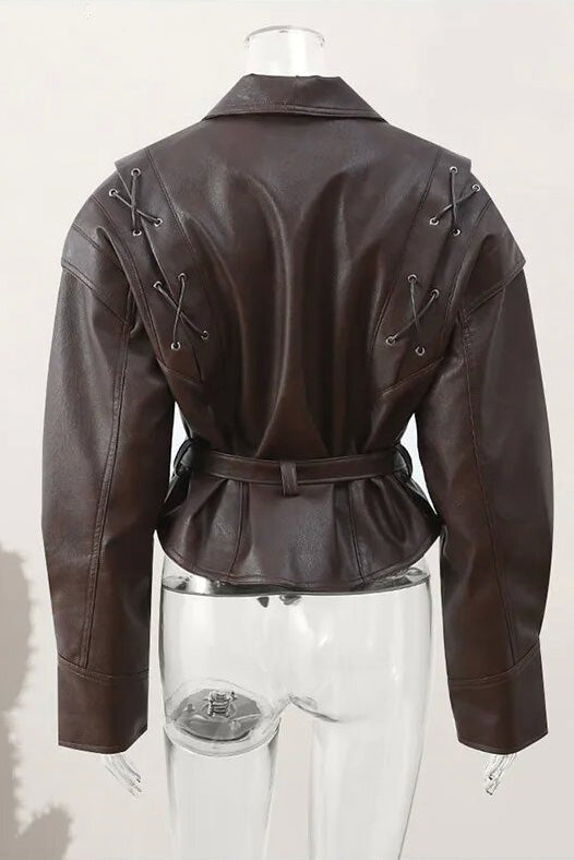 Modern Street-Style High-Gloss Lace-up Leather Jacket