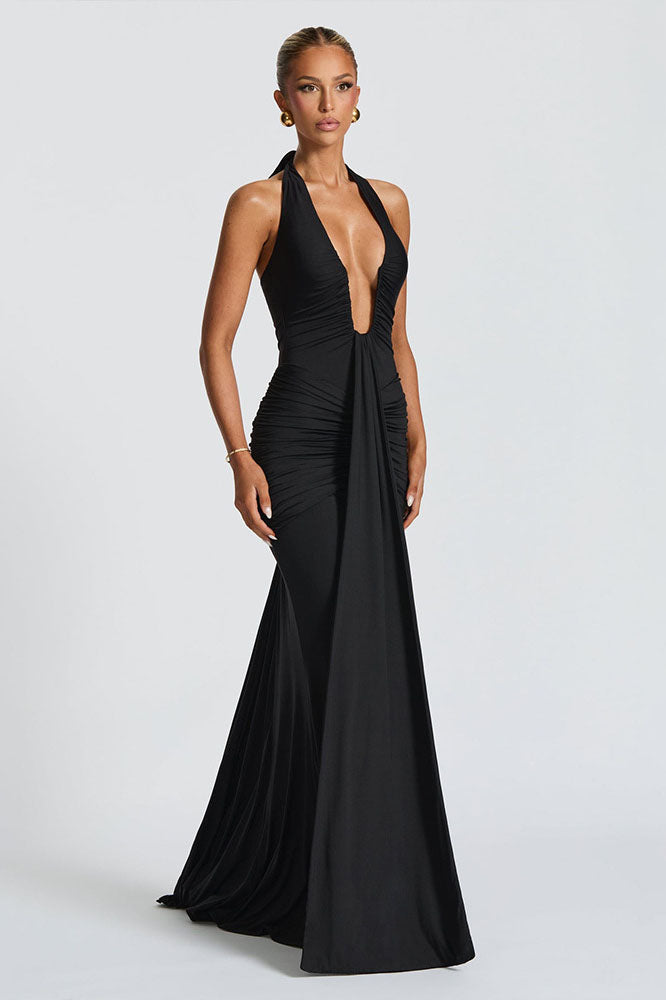 Halter Deep V Mermaid Maxi-Length Dress