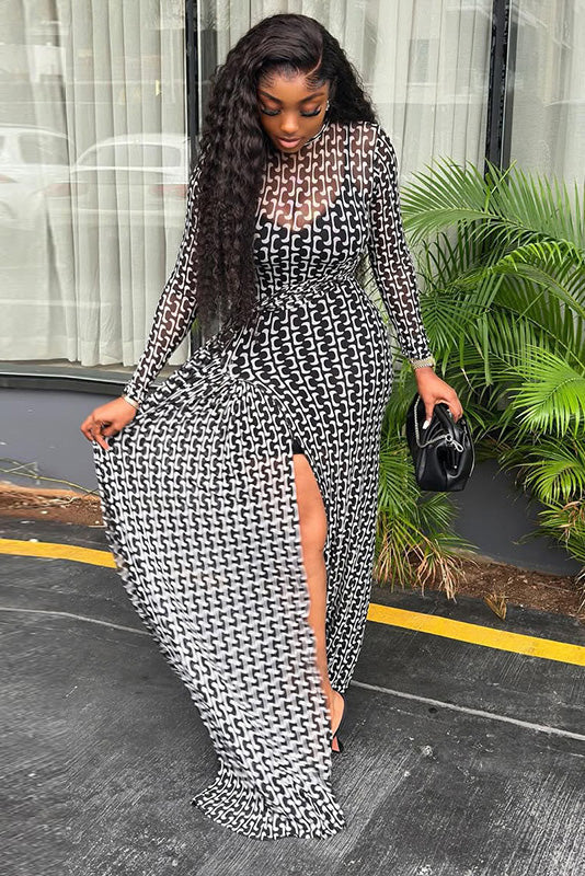 Op Art Chain Print Sheer Maxi-Length Dress