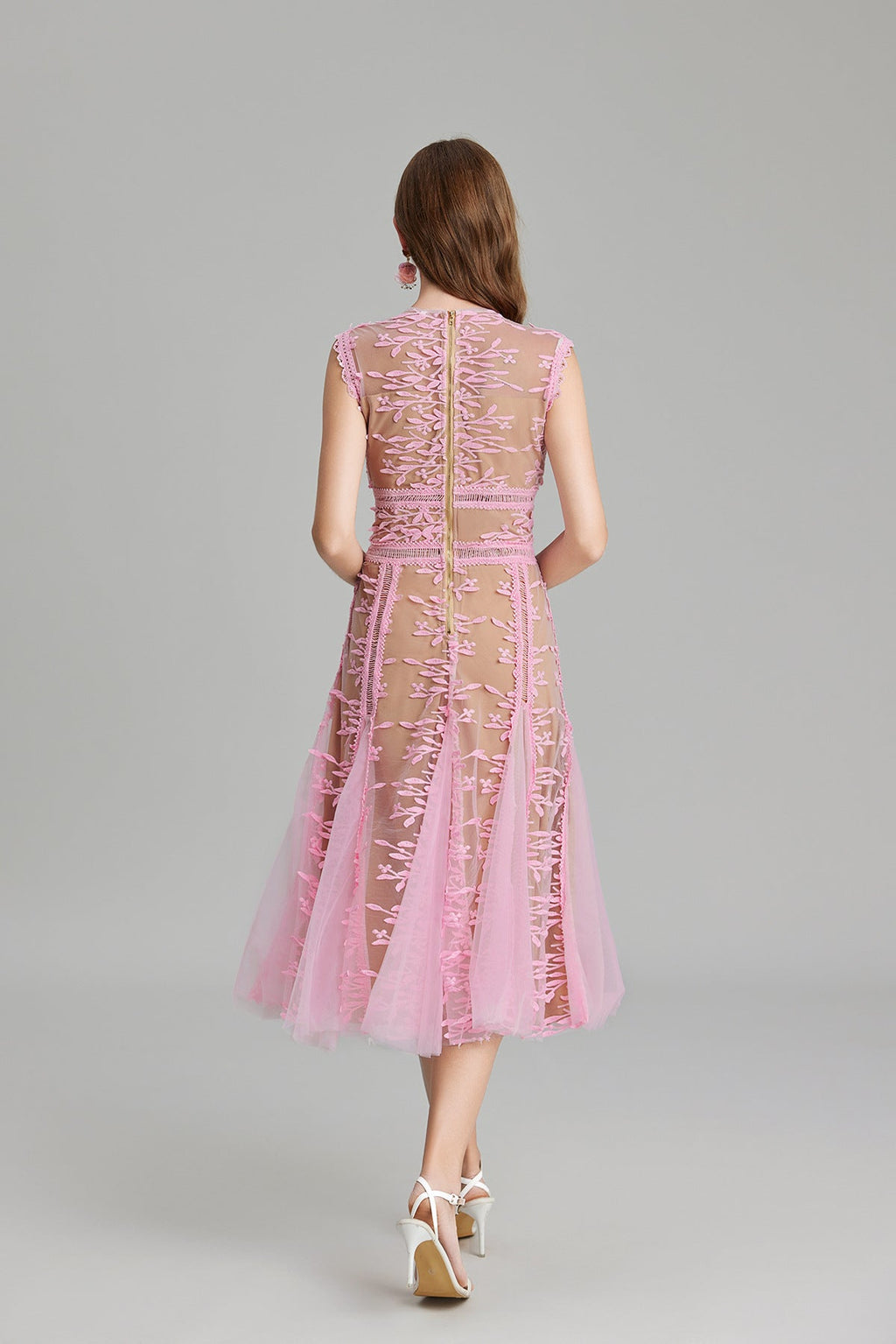 Maelle Crew Neck Mesh Embroidered Midi-Length Dress In Beige