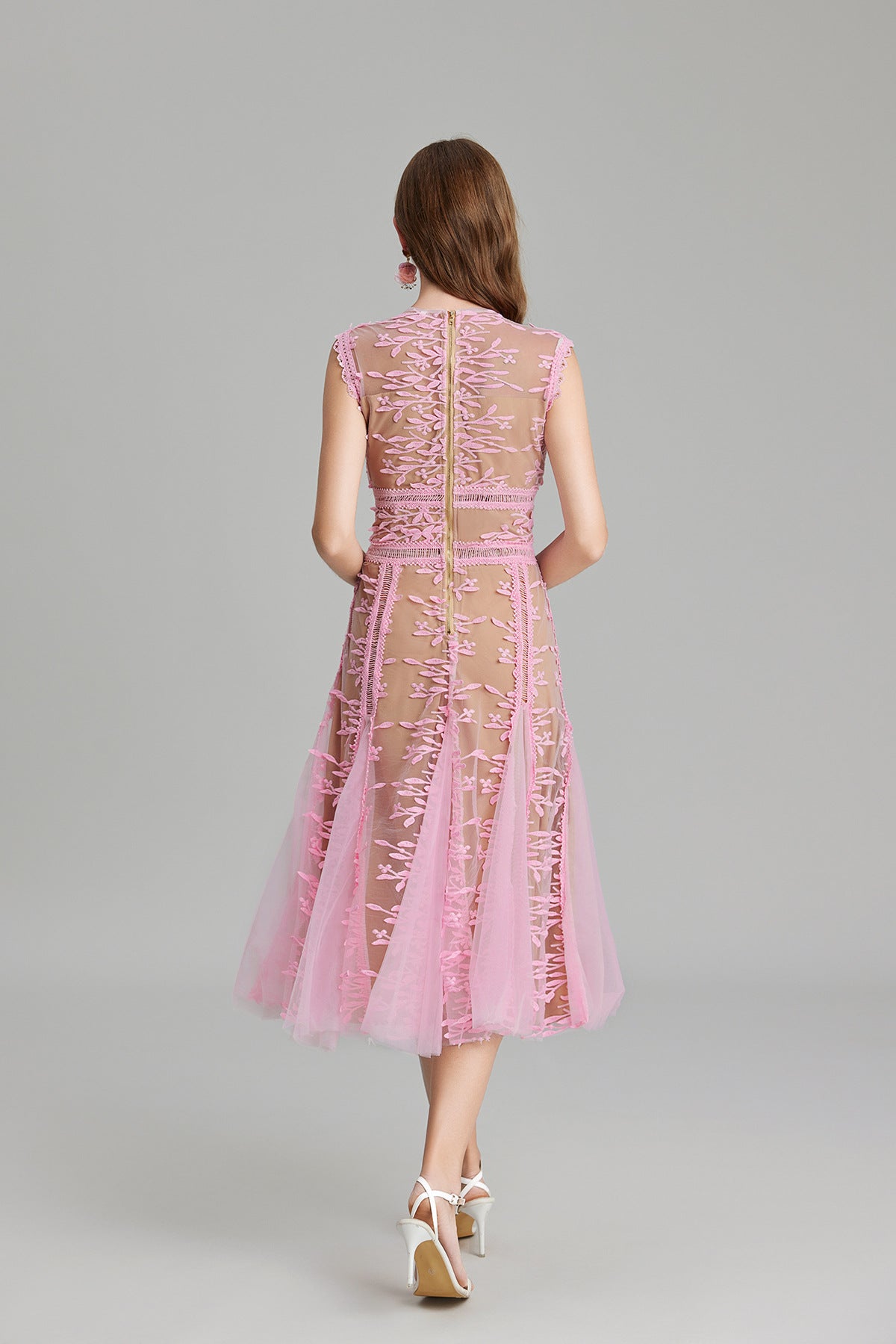 Maelle Crew Neck Mesh Embroidered Midi-Length Dress In Beige