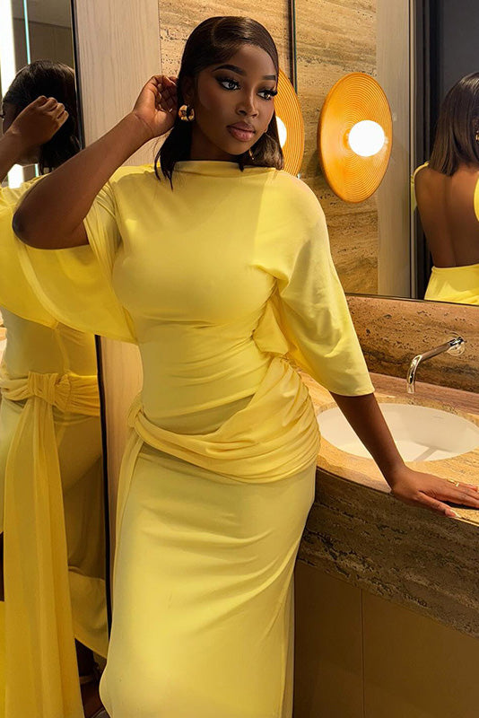 Open-Back Ruched Slit Maxi-Length Dress