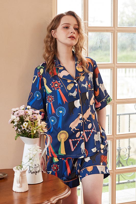 Coordinated Cute Cartoon Animal Print Short Loungewear Set