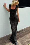 Sexy High-Waisted Sheer Color-Block Polka Dot Maxi-Length Dress