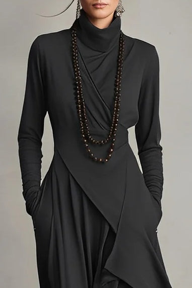 Purple High-neck Asymmetrical Pleated Maxi-Length Dress