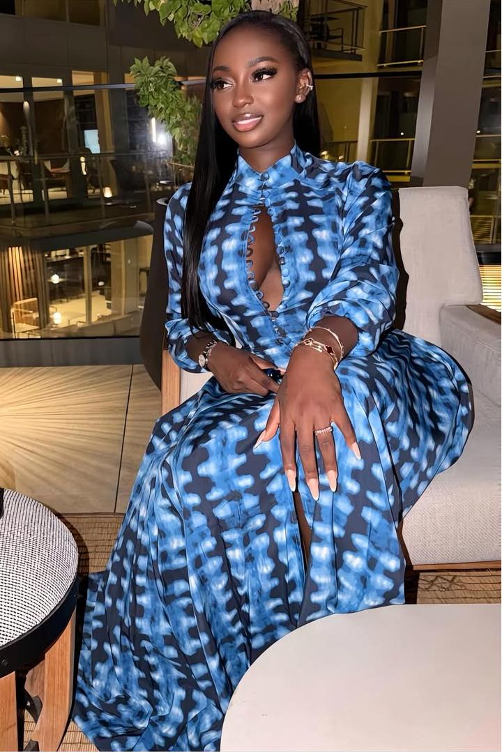 Blue Tie-Dye Button-Front Maxi-Length Dress