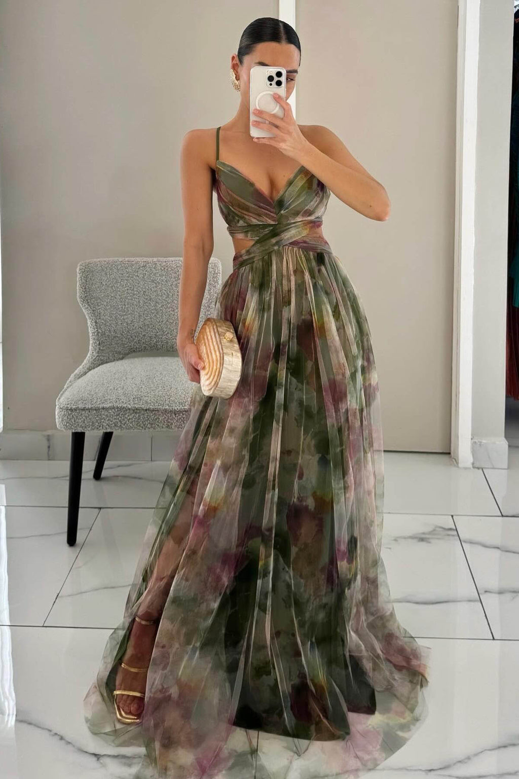 Painted Flower Print V-Neck A-Line Maxi-Length Dress