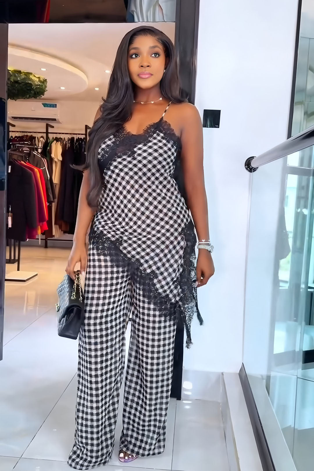 Coordinated Gingham Lace Camisole Set