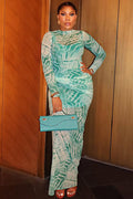 Artistic Teal Tie-Dye Sheer Turtleneck Maxi-Length Dress