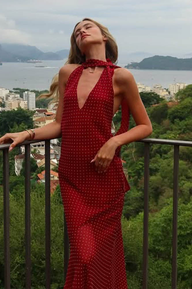Modern Polka Dot Halter Colorblock Dress
