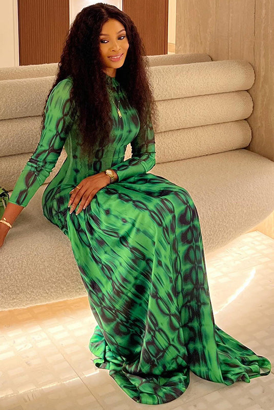 Emerald Animal Texture Flowy Maxi-Length Dress