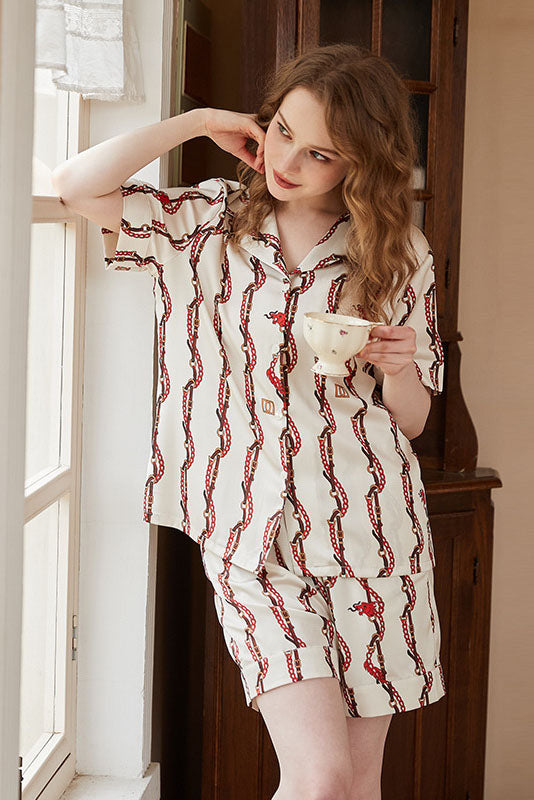Coordinated Dragon Head Chain Print Short-Sleeve Loungewear Set