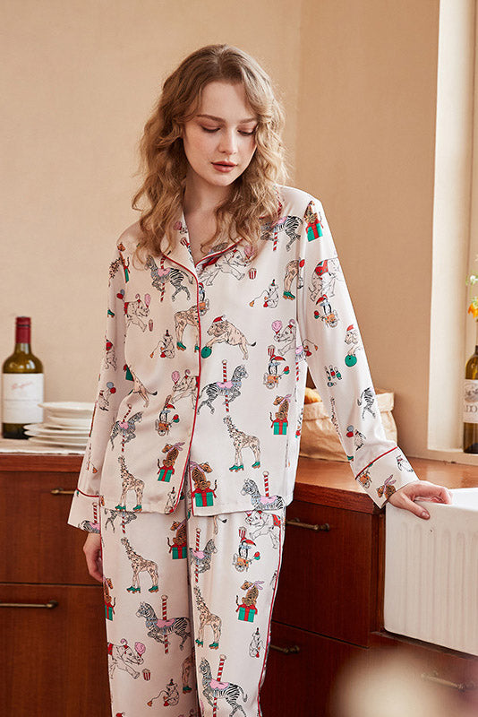 Coordinated Circus Print Long-Sleeve Loungewear Set