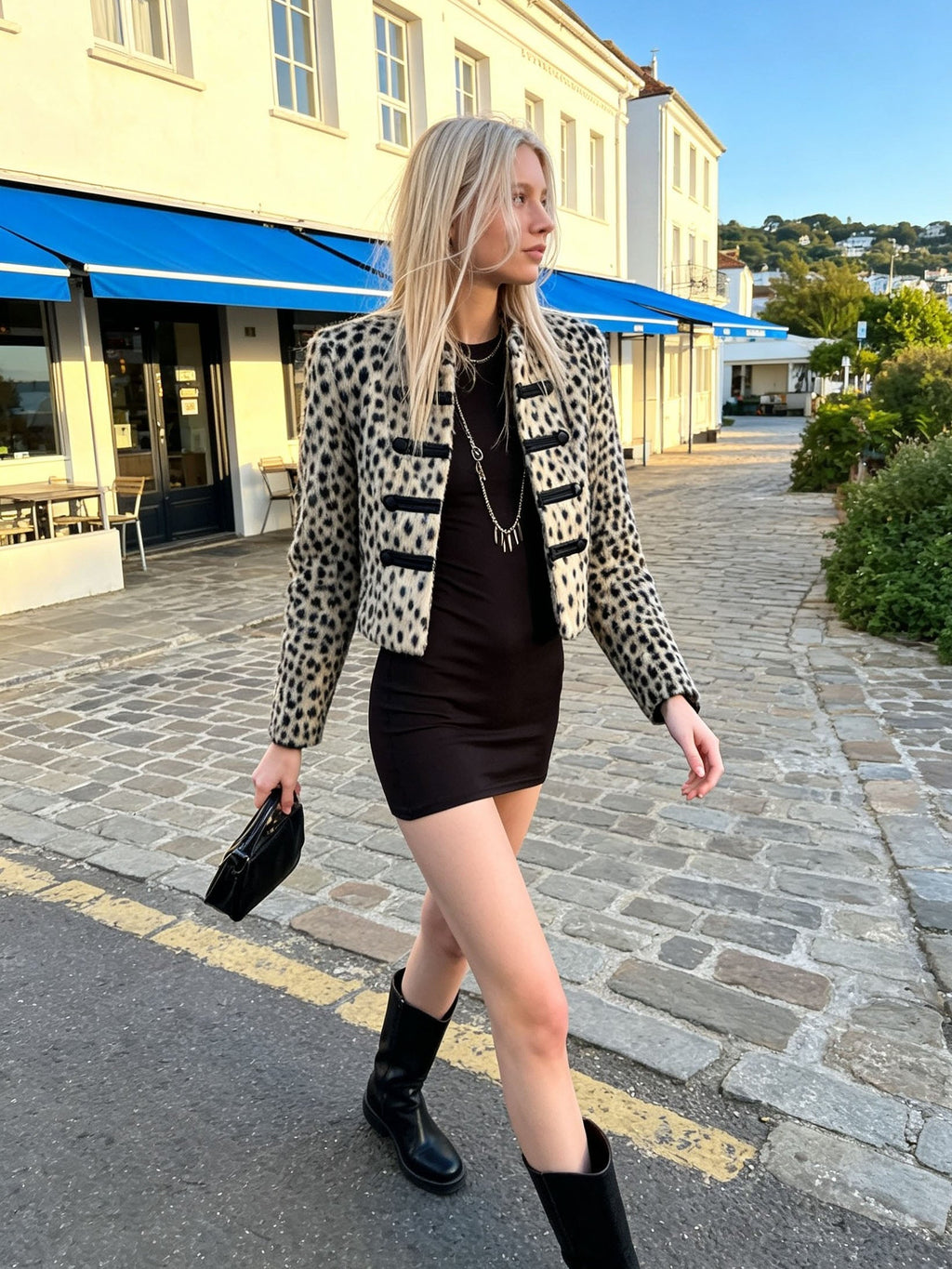 Oversized Cropped Faux Fur Jacket with Leopard Print