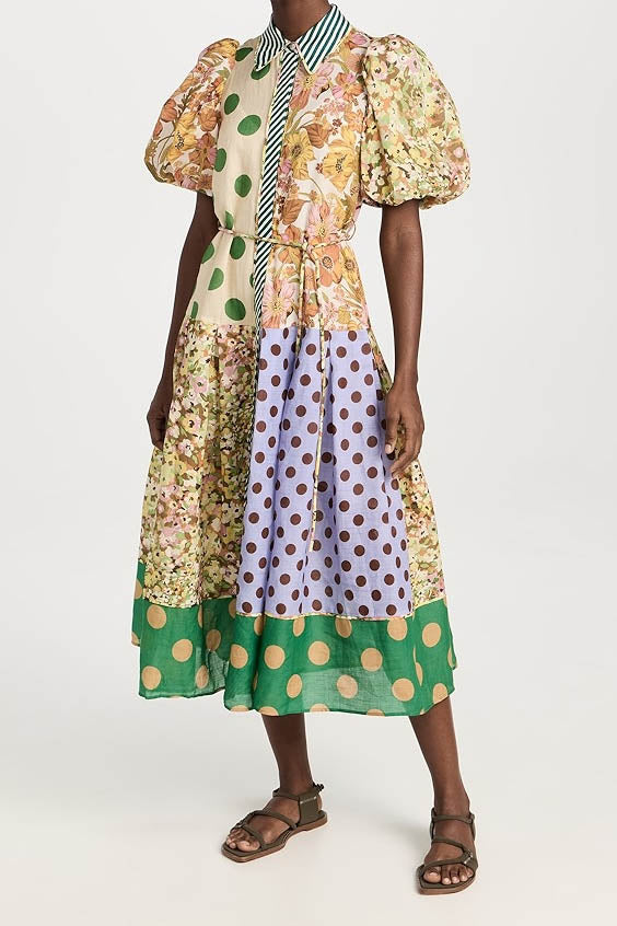Modern Green Muse Spliced Print Dress