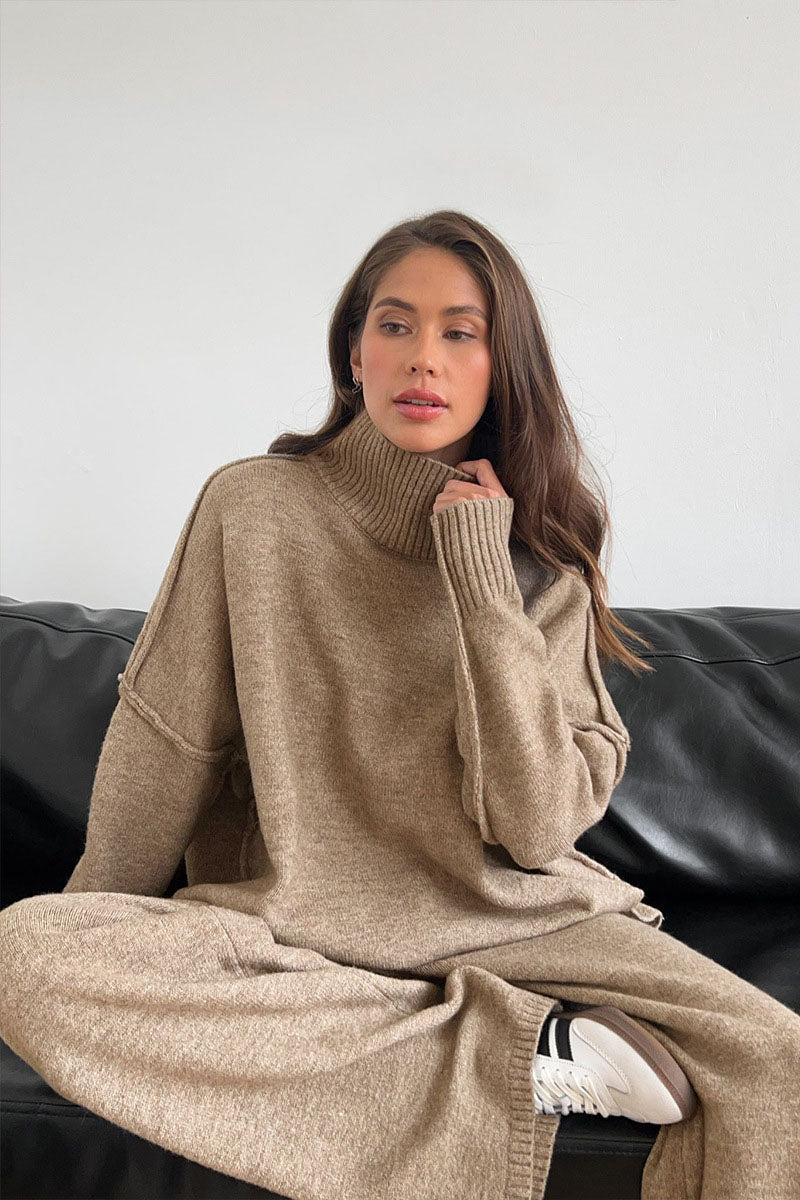 Turtleneck Split Knit Sweater Loose Knit Trousers Set