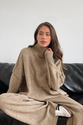 Turtleneck Split Knit Sweater Loose Knit Trousers Set