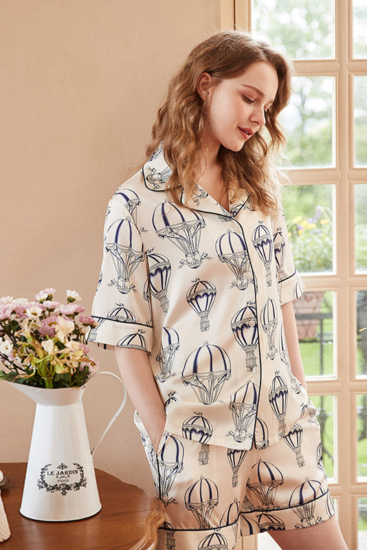 Coordinated Hot Air Balloon Print Pajama Set - White
