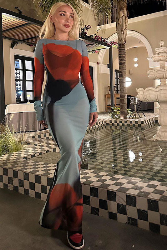 Abstract Print Sheer Maxi-Length Dress