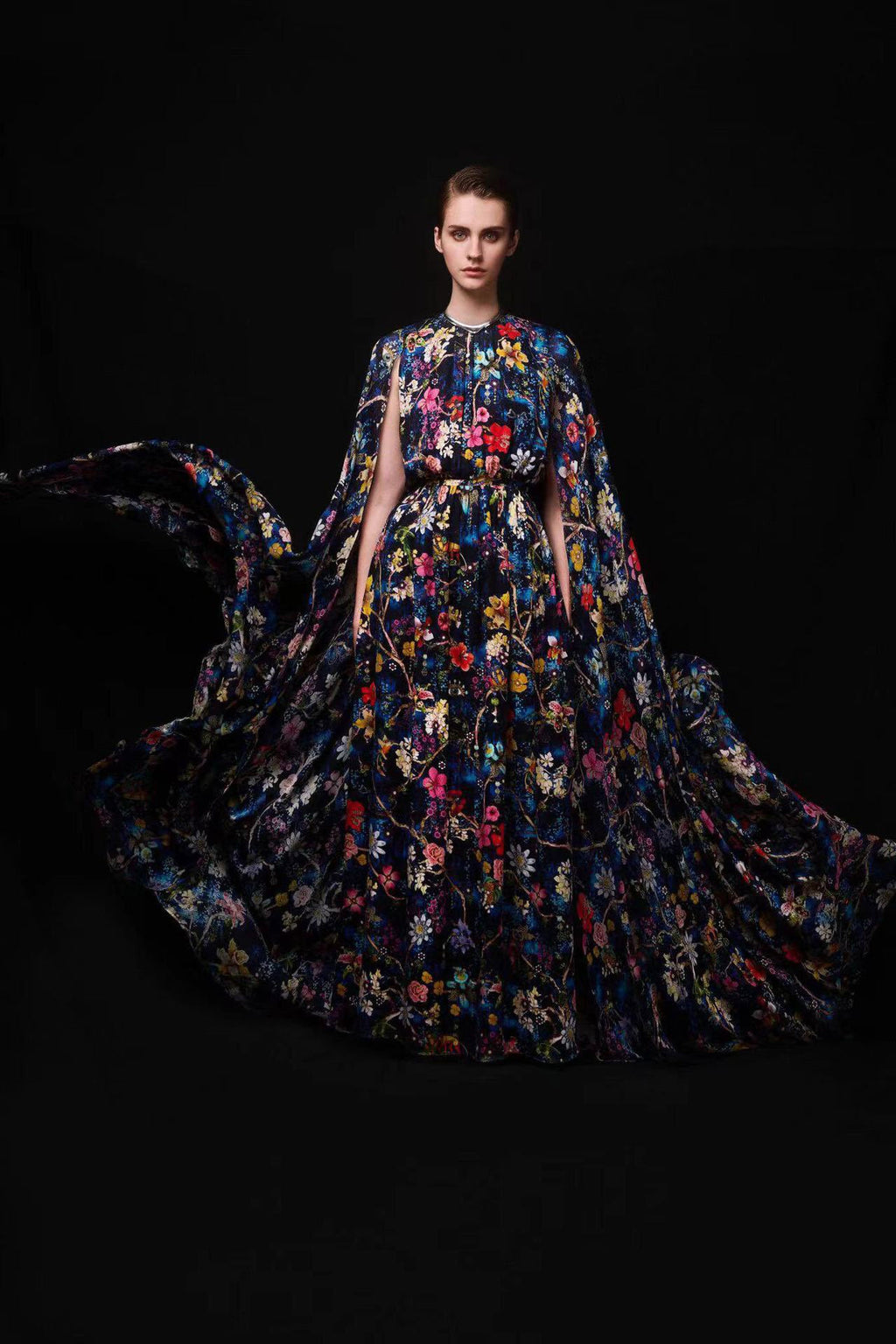 Nola Crew Neck Cape Sleeves Maxi-Length Dress