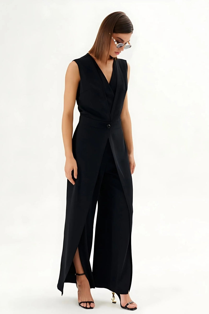 Modern Black Sleeveless Wrap-Effect Wide-Leg Jumpsuit