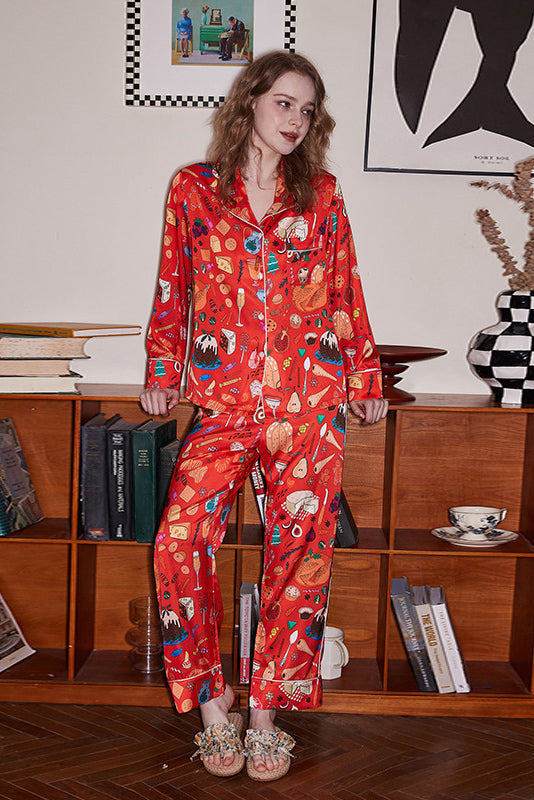Coordinated Dessert Print Long Sleeve Ice Silk Loungewear Set