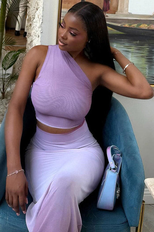 Coordinated Gradient One-Shoulder Sheer Skirt Set