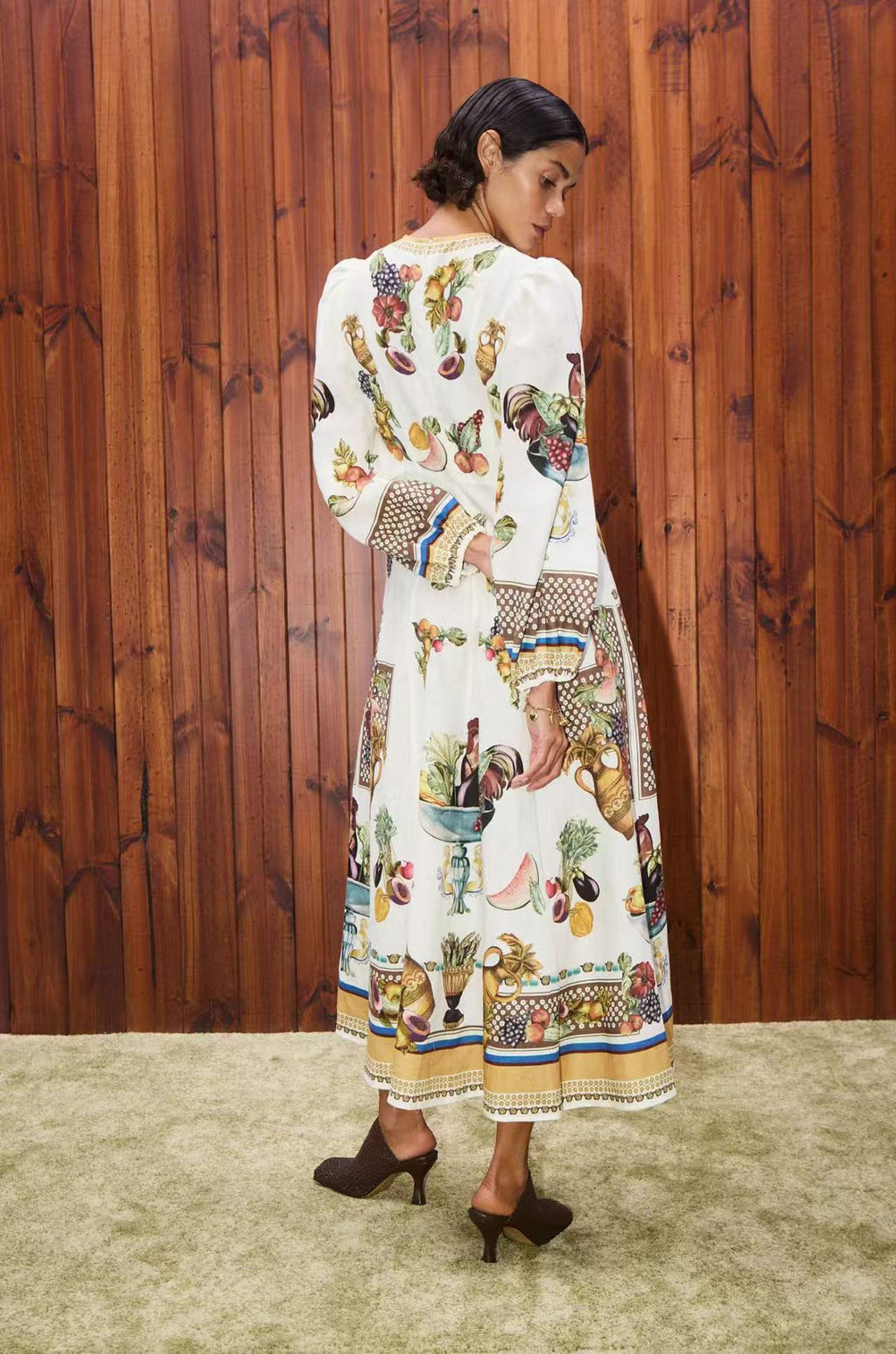 Puff Sleeve Retro Midi-Length Dress