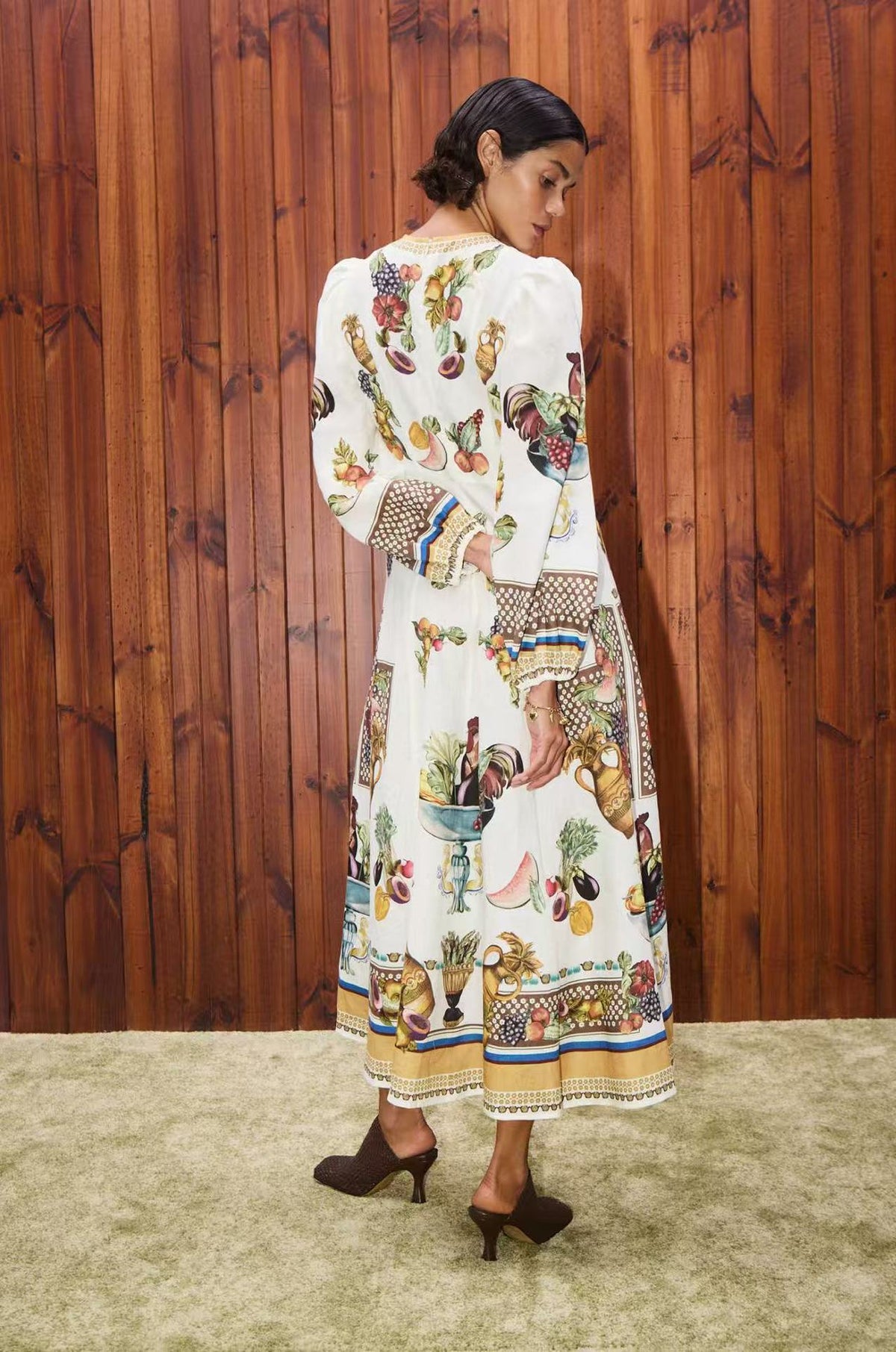 Puff Sleeve Retro Midi-Length Dress