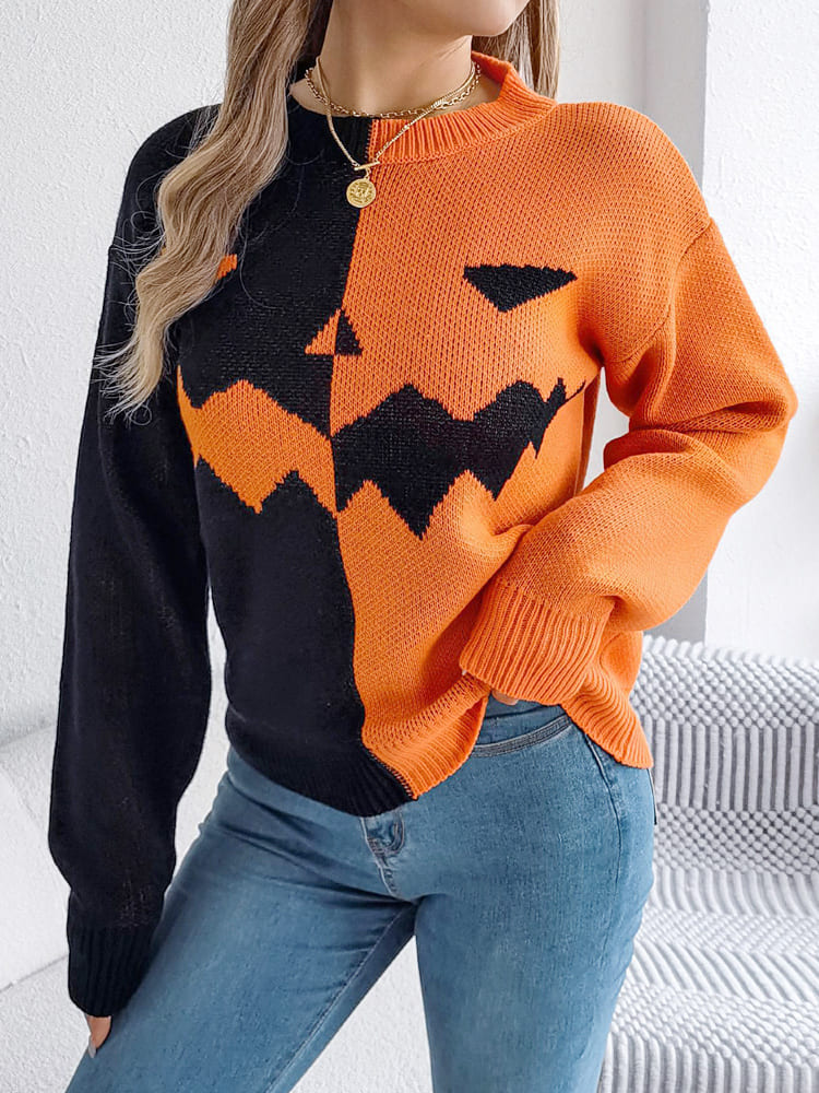 Ghost Pattern Long Sleeve Crew Neck Knit Sweater