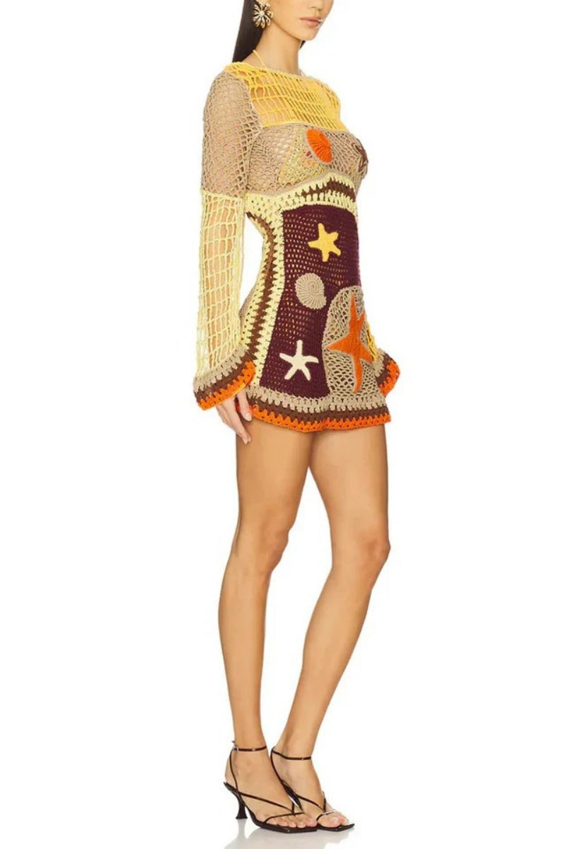 Coral Reef-Inspired Pattern Crochet Mini-Length Dress