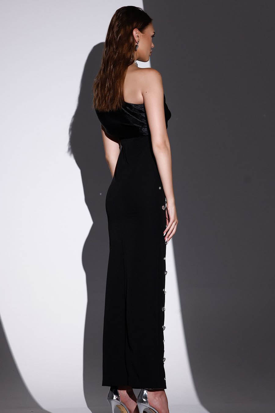 Crystal-Detail Sloping Shoulders Midi-Length Dress