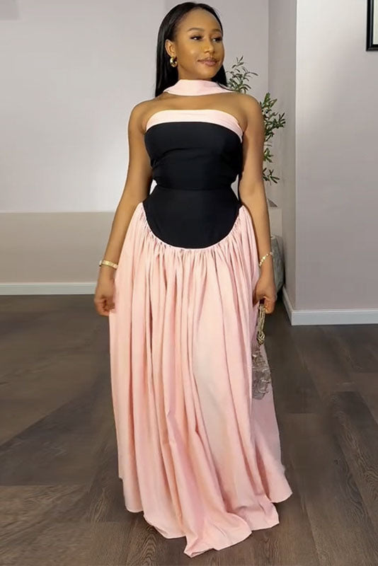 Strapless Flowy Contrast Color Maxi-Length Dress