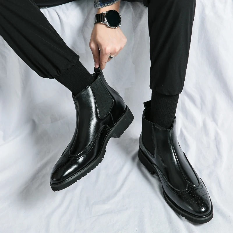 Leather Chelsea Boots with Brogue Detailing and Shock-Absorbing Sole
