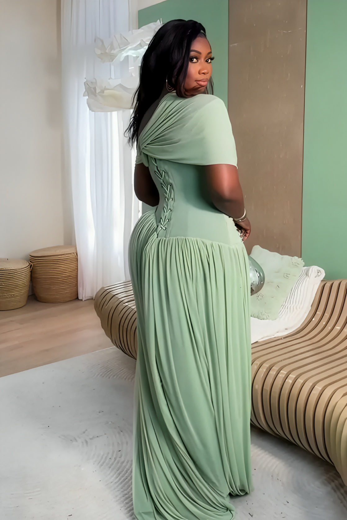 Mint Green Pleated Maxi-Length Dress